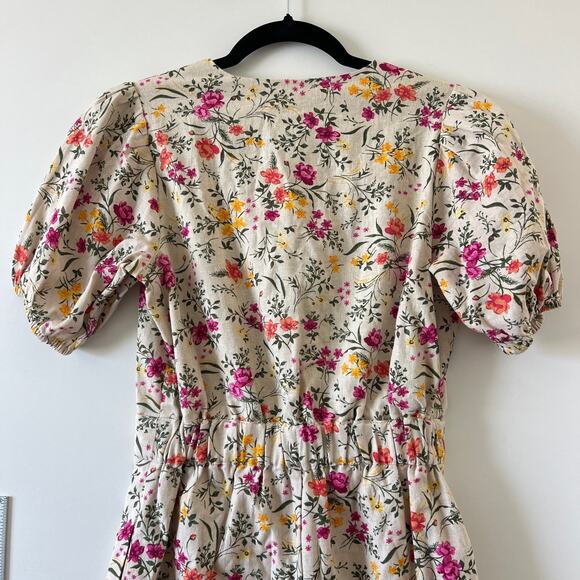 Chelsea & Violet Tan Floral Linen Tie V Neck Romper Womens XS Summer Beachy - Picture 2 of 14